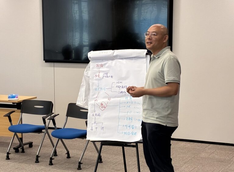 Team members during a coaching session, working through a communication exercise together.